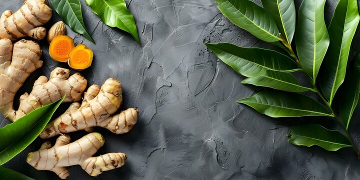 Turmeric and Ginger Roots with Green Leaves on a Simple Background. Concept Food Photography, Ingredient Still Life, Healing Herbs Display, Natural Wellness, Minimalist Composition