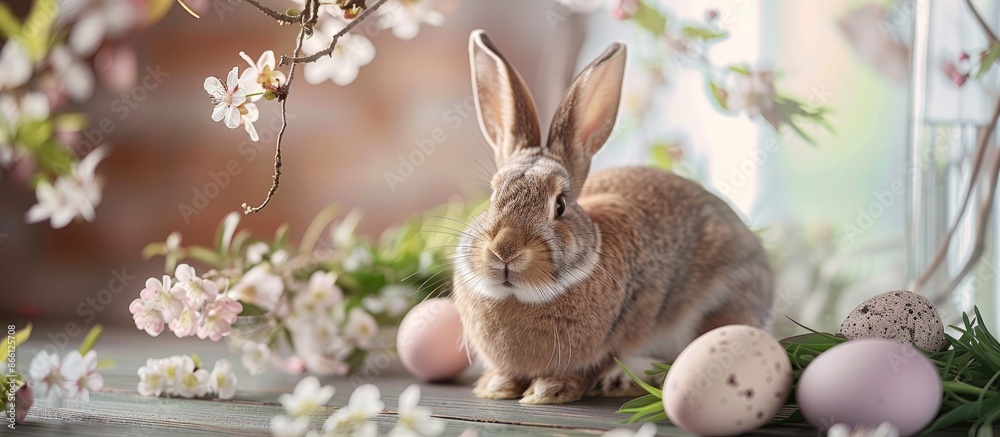 Poster easter-themed decor featuring a rabbit, eggs, and fresh spring blossoms, with space for adding image