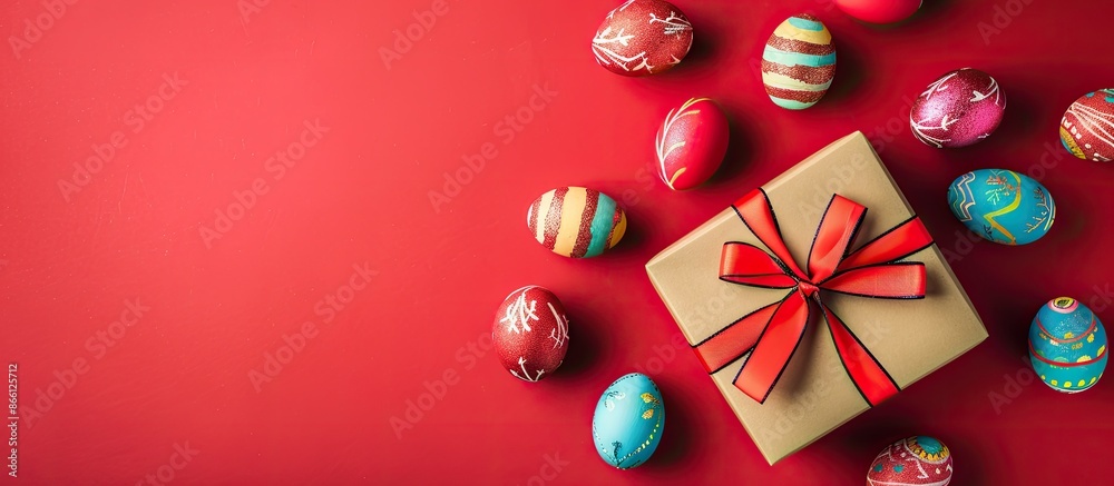Poster easter eggs presented on a vibrant red background with a gift box, creating an easter-themed copy sp