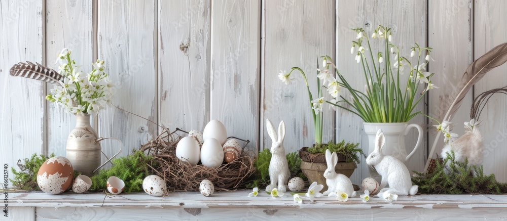 Poster easter-themed rustic still life displaying eggshells, snowdrops, bunny figurines, feathers, and a ne