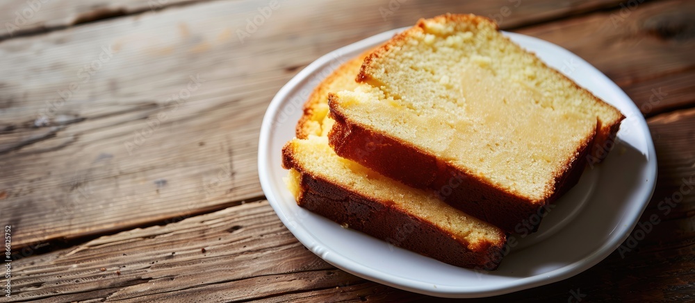 Poster delectable homemade pound or butter cake slices on a white plate, displayed on a rustic wooden table