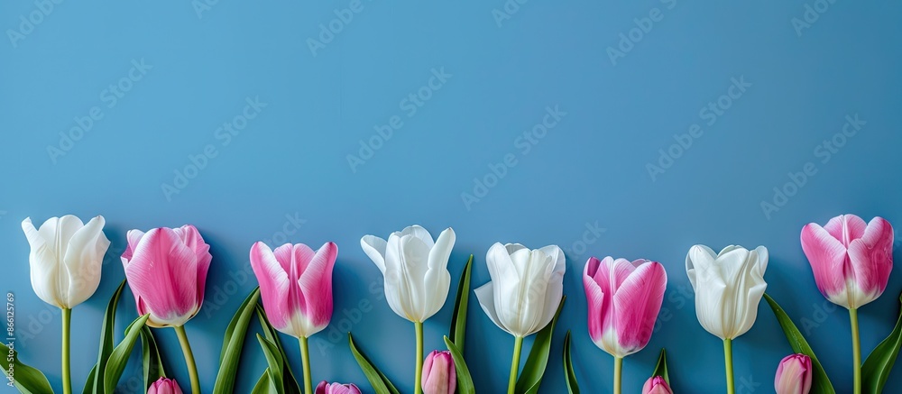 Poster flat lay of pink and white tulips bordering a blue backdrop, ideal for text placement in the copy sp