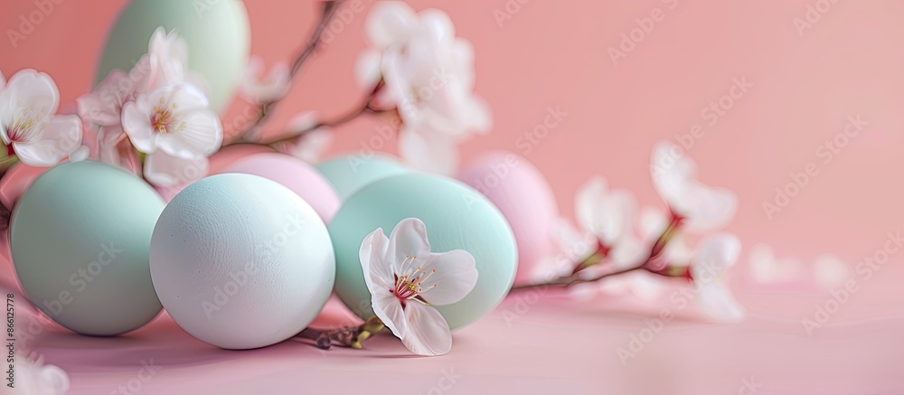 Poster easter-themed composition featuring soft pastel-colored easter eggs against a backdrop, ideal for co