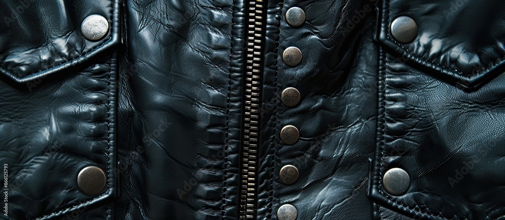 Aufkleber Close-up of black jacket rivets in leather texture background with copy space image.
