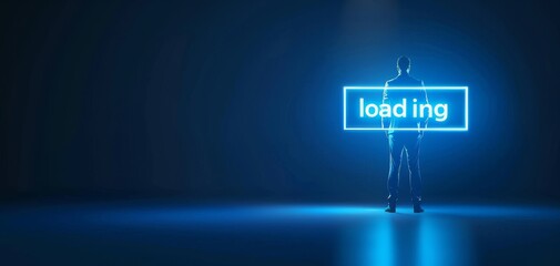 Person standing in dark space, illuminated by bright blue loading text. Futuristic and technology concept with light effects.
