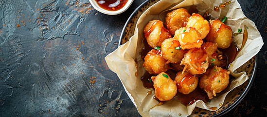 Enjoy over fried potato rolls drizzled with chili honey against a backdrop of a copy space image.