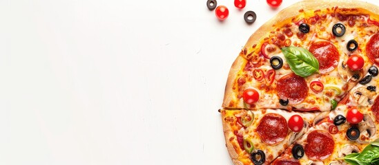 An idea for a restaurant or fast food promotional material, featuring pizza delivery on a blank white background with copy space image.