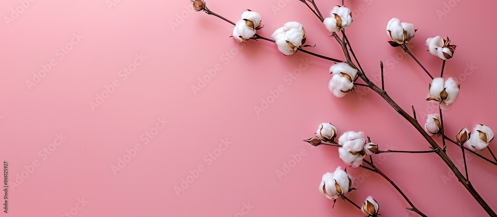 Poster Close-up view of a lovely cotton branch with fluffy flowers against a pink backdrop, ideal for adding text with copy space image.