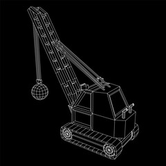 Wrecking ball excavator, demolition crane machine. Wireframe low poly mesh vector illustration