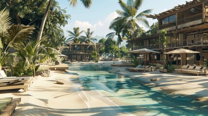 Obraz premium Tranquil beach resort nestled in a picturesque landscape, offering a serene summer escape.