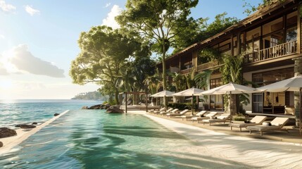 Fototapeta premium Tranquil beach resort nestled in a picturesque landscape, offering a serene summer escape.