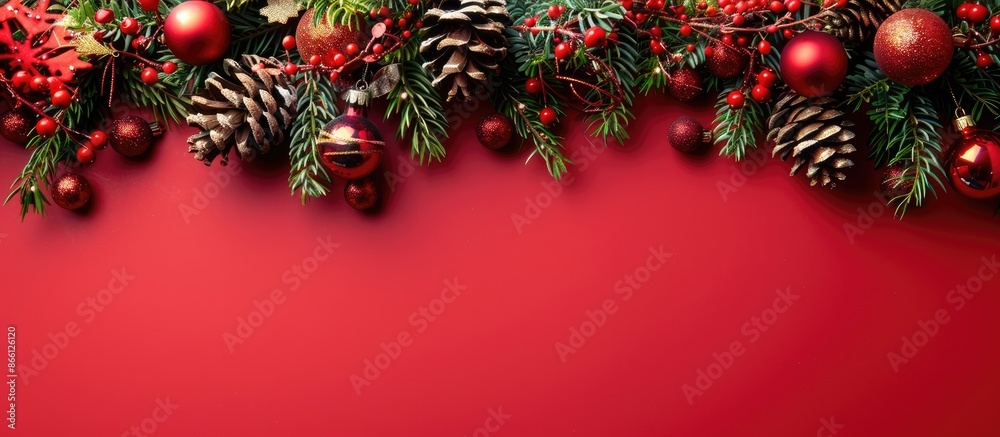 Poster Christmas decorations and notes arranged on a red background to create a festive scene with copy space image.