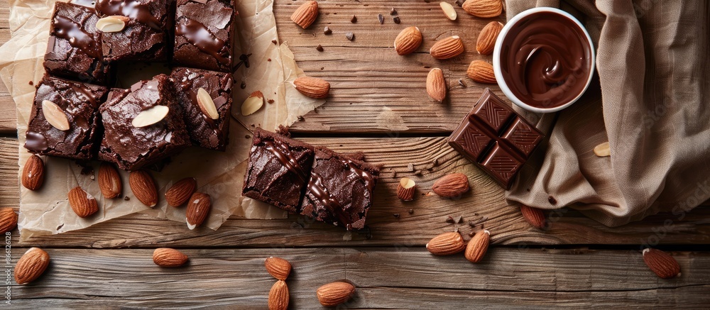 Poster close-up image featuring homemade dark chocolate brownies adorned with almond slices and chocolate s