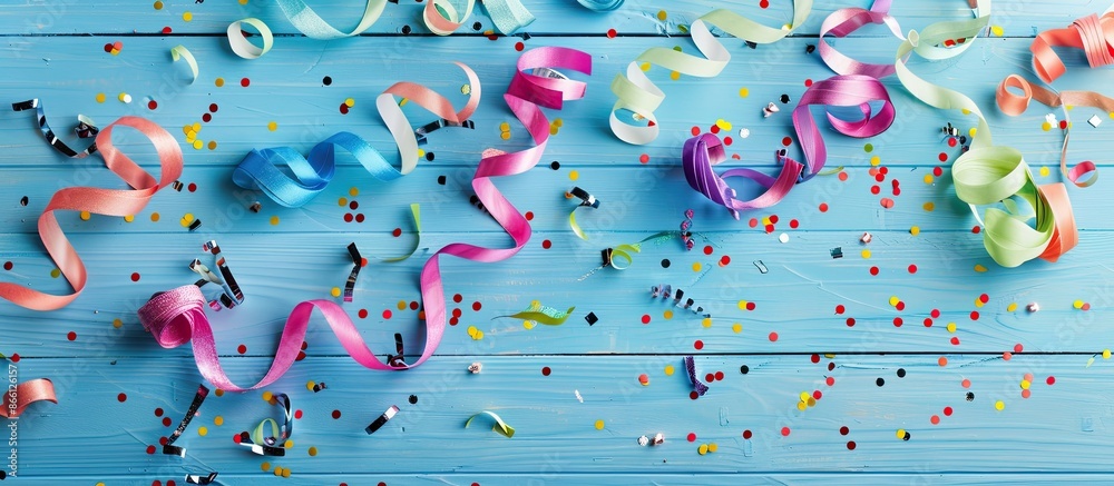 Poster colorful serpentine streamers and party accessories arranged on a light blue wooden surface for a fe