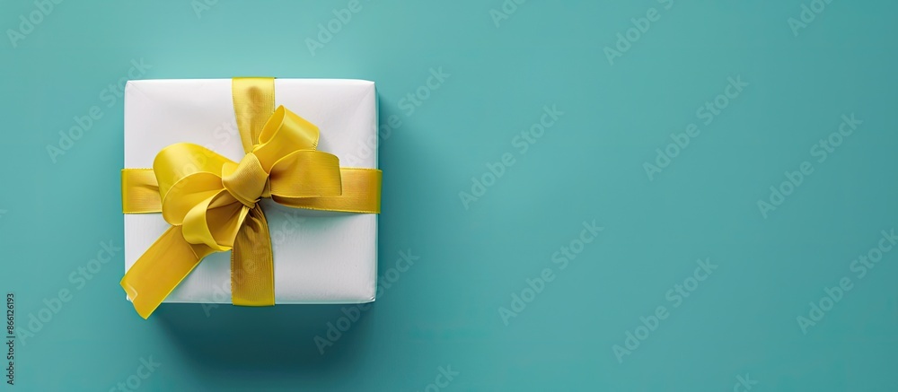 Poster christmas banner mockup featuring a white gift box with a yellow ribbon bow, set against a blue back
