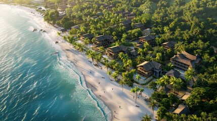 Naklejka premium Tranquil beach resort nestled in a picturesque landscape, offering a serene summer escape.