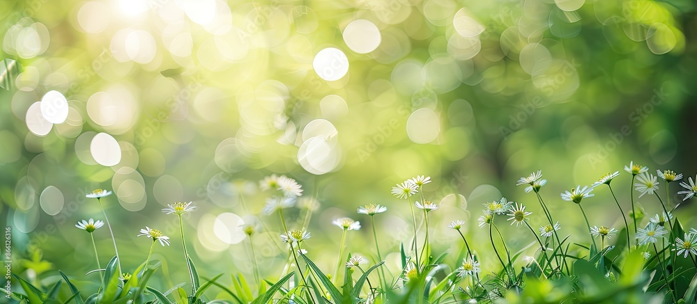 Poster blurred bokeh background with spring garden plants, offering copy space image.