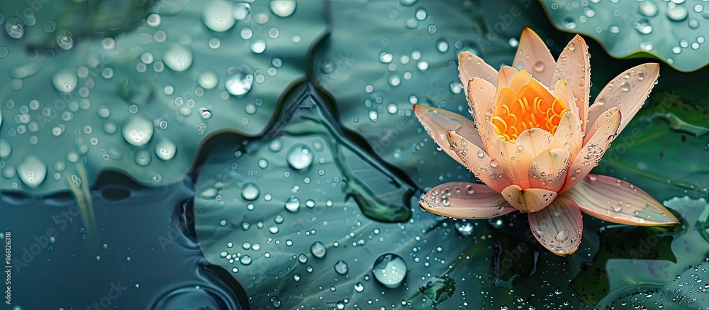 Aufkleber Copy space image of a lotus flower with water droplets on a leaf in the background.