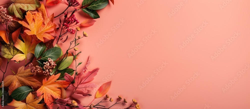Poster an autumn-themed arrangement with colorful leaves in the background, with copy space image available