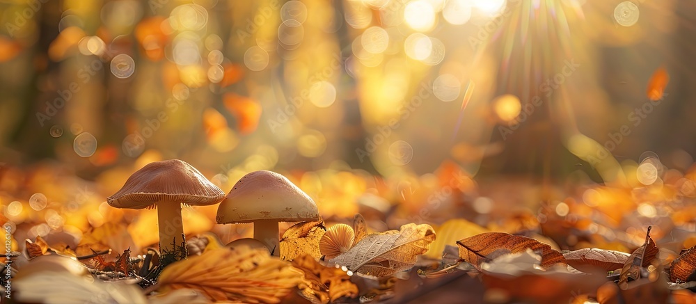 Poster during autumn, a few mushrooms grow in a forest clearing with ample copy space image.