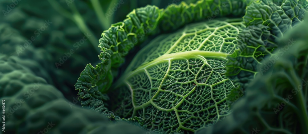 Poster close-up shot of a crinkled green savoy cabbage leaf, ideal as a food background with selected focus