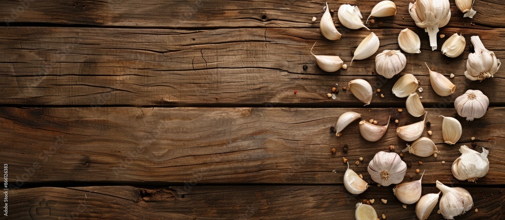 Poster close-up of fresh garlic cloves on a wooden backdrop with copy space image.