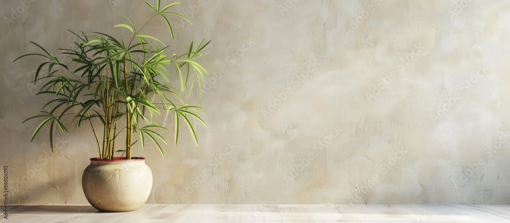 Aufkleber bamboo plant in pot on table with copy space image against light wall in room.