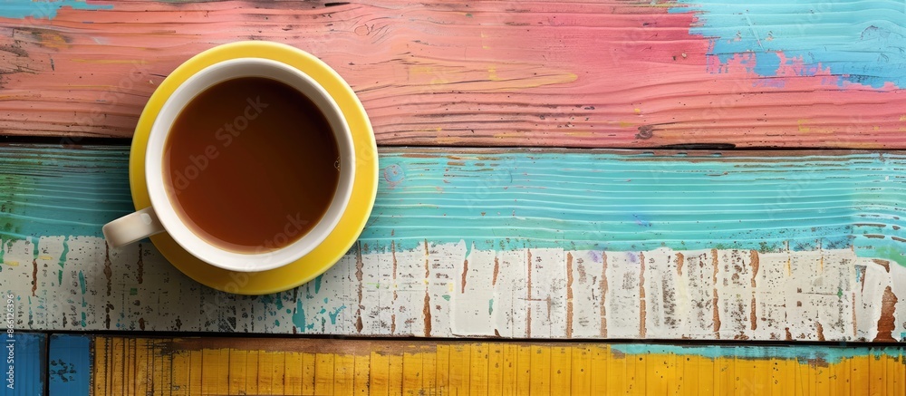 Poster coffee cup placed on a colorful wooden surface with copy space image.