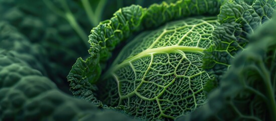 Close-up shot of a crinkled green savoy cabbage leaf, ideal as a food background with selected focus on a textured copy space image.