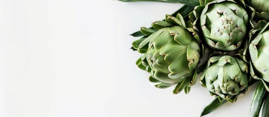 Close-up image of raw artichokes against a clean white backdrop with copy space available.