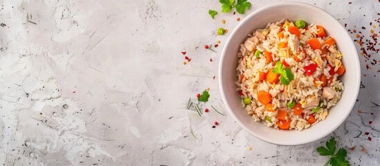 Delicious Chinese fried rice with carrots and chicken, perfect for food blogs or menus, featuring a copy space image.