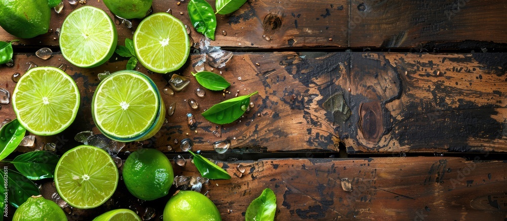 Poster Detox diet with lime slices and lime juice on wooden table for copy space image.