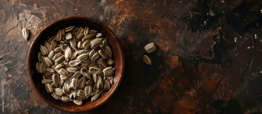 Poster close-up copy space image of sunflower seeds in a bowl against a dark backdrop.