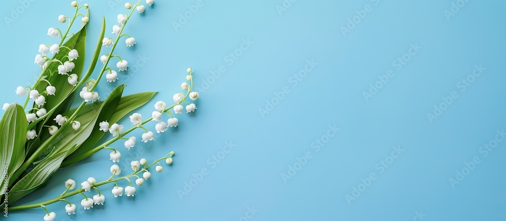 Poster close-up of lily of the valley flowers on a blue background with copy space image.