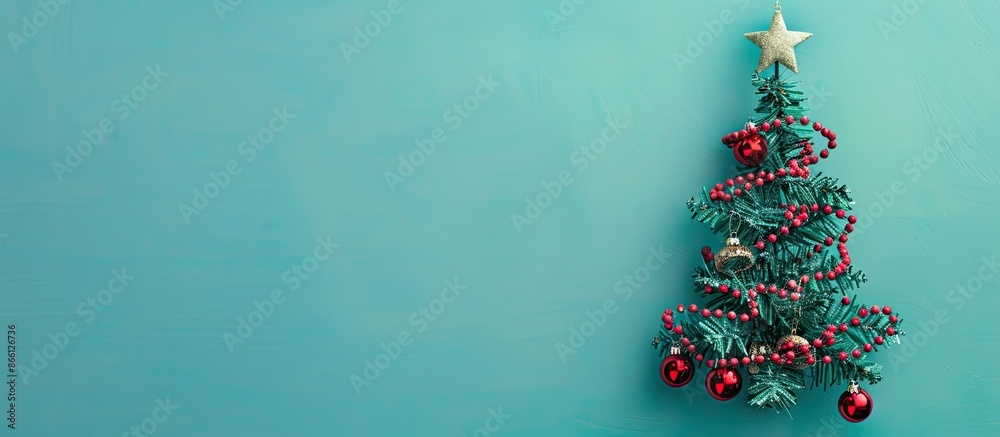 Poster charming christmas tree ornament on a blue backdrop with available copy space image.