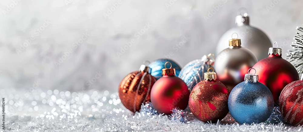 Poster festive christmas ornaments arranged on a shiny silver backdrop with copy space image.