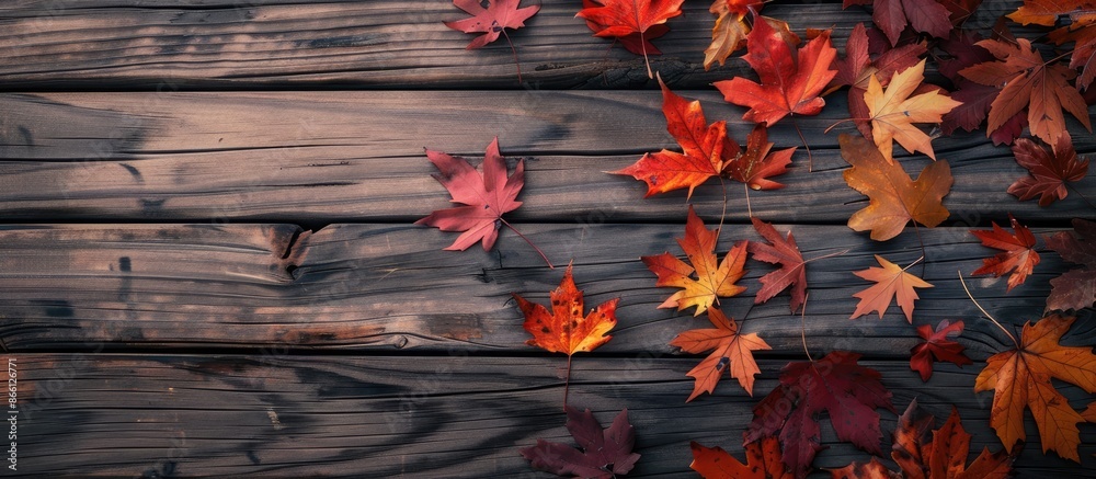 Aufkleber autumn leaves on a wooden surface backdrop with ample copy space image.