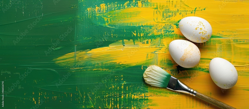 Poster Close-up view of a paint brush with eggs on an abstract yellow and green background with copy space image.