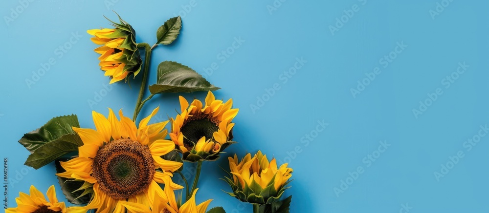 Poster Artificial sunflowers on a blue background create a cheerful and vibrant display with plenty of copy space image.
