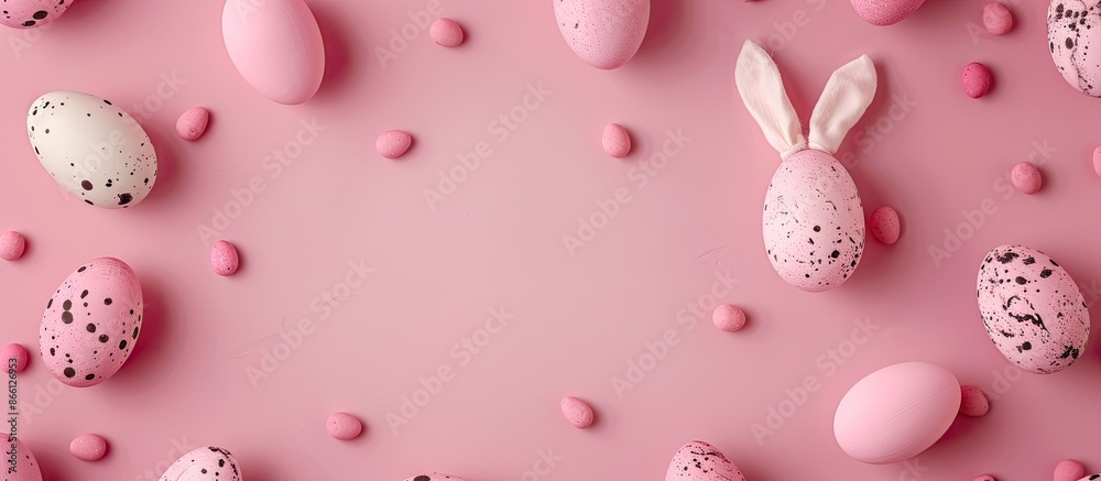 Poster easter-themed pastel pink background featuring natural eggs, one distinct egg with bunny ears in a m