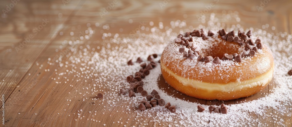 Poster Donut with sugary frosting and chocolate bits on top, against a background with empty space for text or graphics to be added. image with copy space