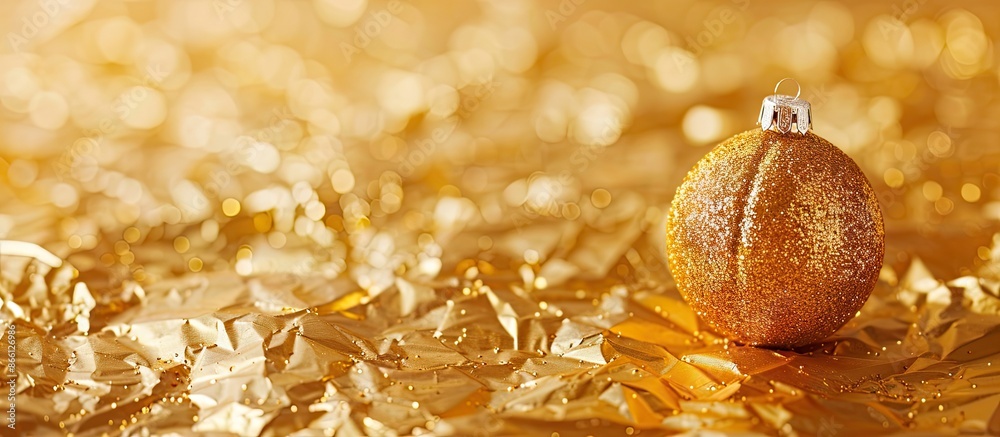 Poster christmas golden bauble and gift on a festive gold paper backdrop, close-up with room for text or gr