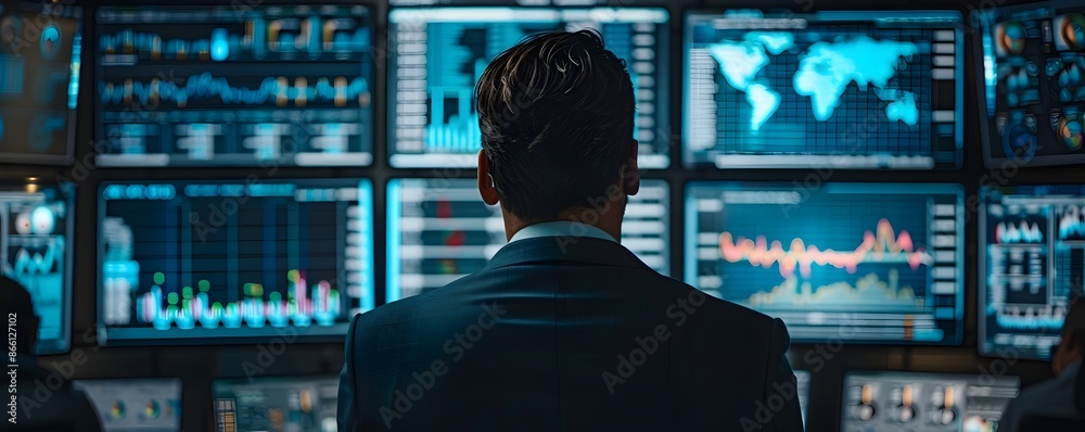 Poster business leader analyzing data on multiple screens in high tech command center