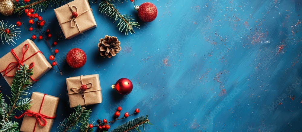 Poster festive holiday elements like gift boxes, ornaments, and fir tree branches arranged on a blue backdr