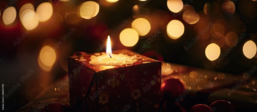 Poster candlelit close-up of a gift box with copy space image.