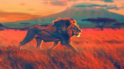 Majestic lion walking through vibrant African savanna at sunset with mountains in the background.