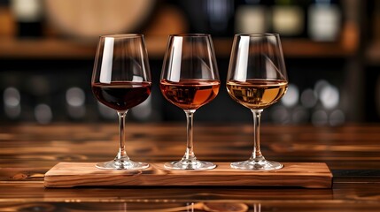Wine Flight with Three Labeled Glasses on Tasting Board in Rustic Setting