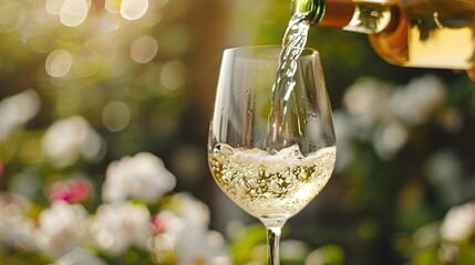 Pouring Chilled White Wine Into a Glass in Sunny Outdoor Setting