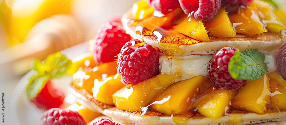 Aufkleber close-up of appetizing pancakes adorned with fresh mango, raspberries, yogurt, mint, and honey on a 
