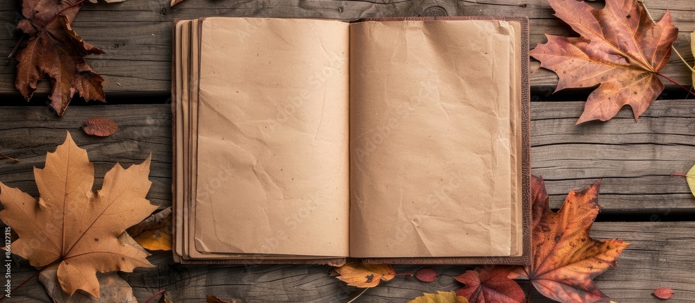 Poster Brown craft paper sheet and autumn leaves provide the backdrop for a diary in this copy space image, ideal for text placement.